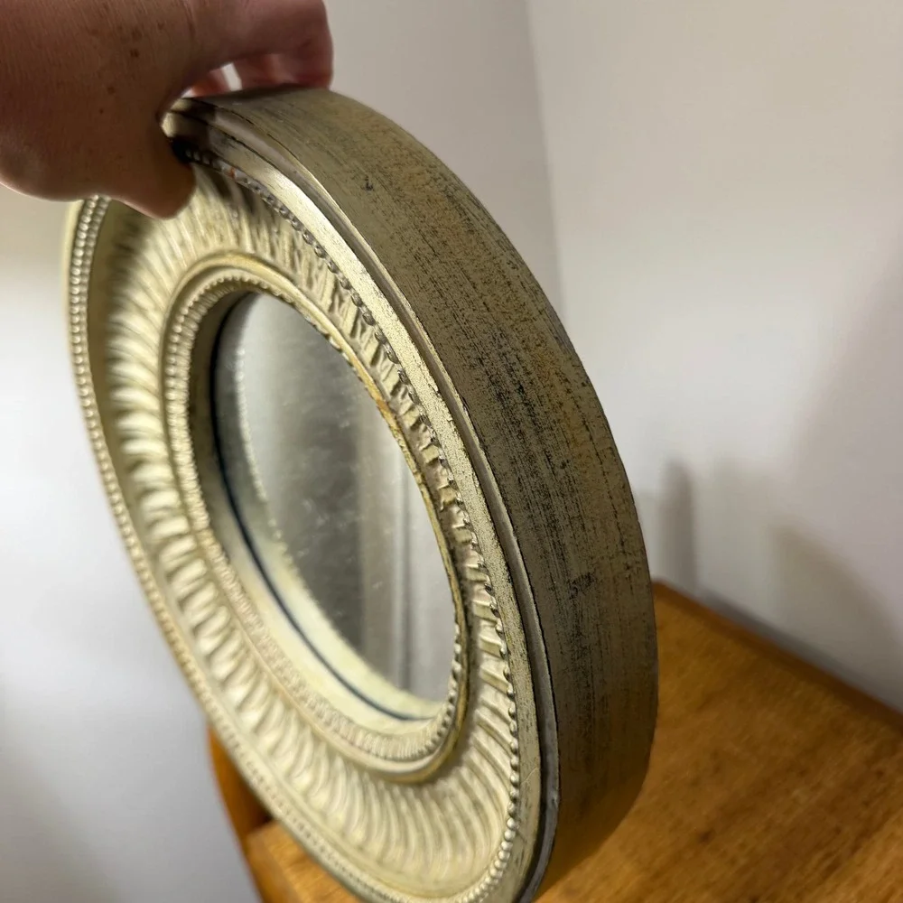 Vintage Sunburst Wall Mirror Cream Gold Ribbed Beaded Round Made in Mexico